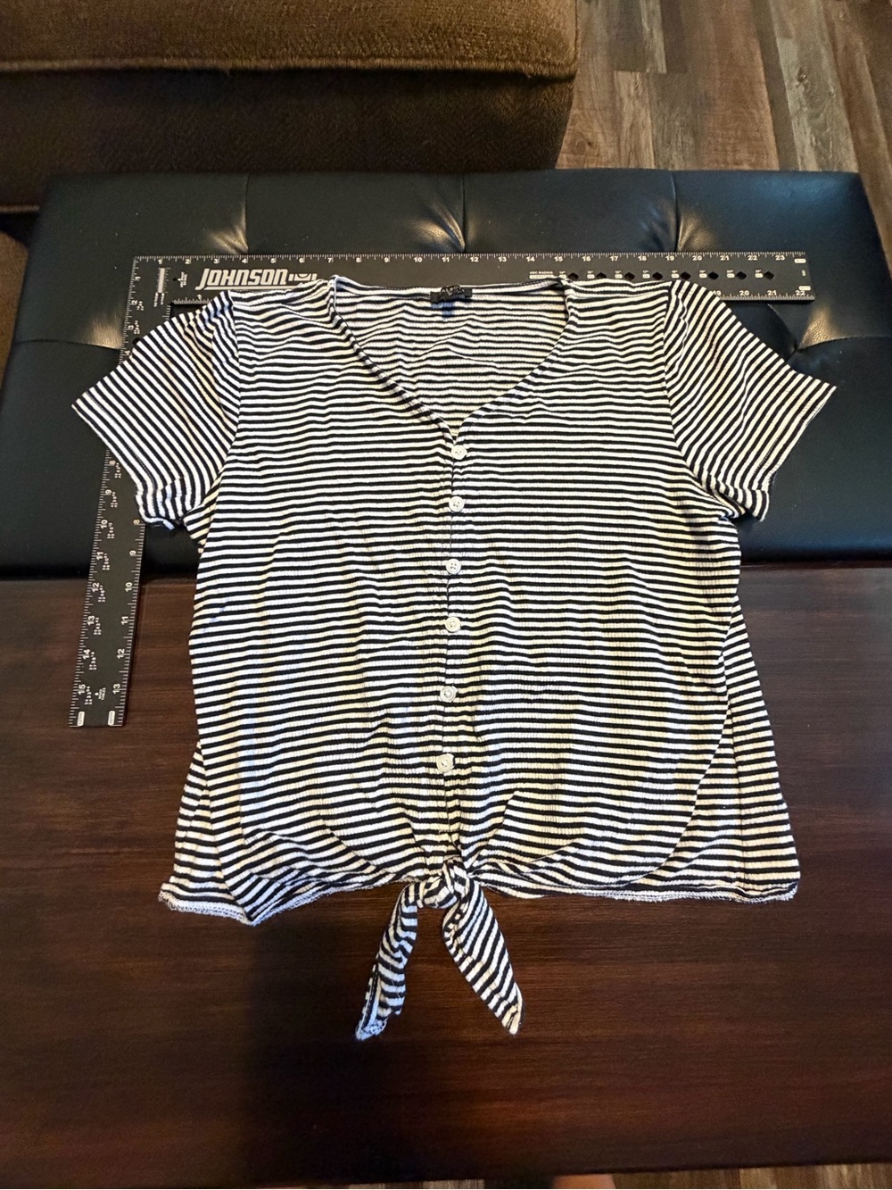 Talbots Black and White Striped Tie-Front Button Top